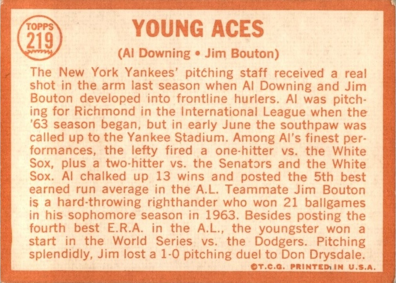 1964 Topps #219 Young Aces card back