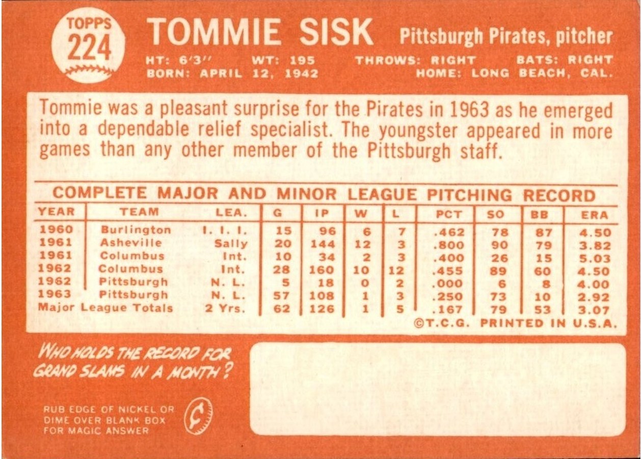 1964 Topps #224 Tommie Sisk card back