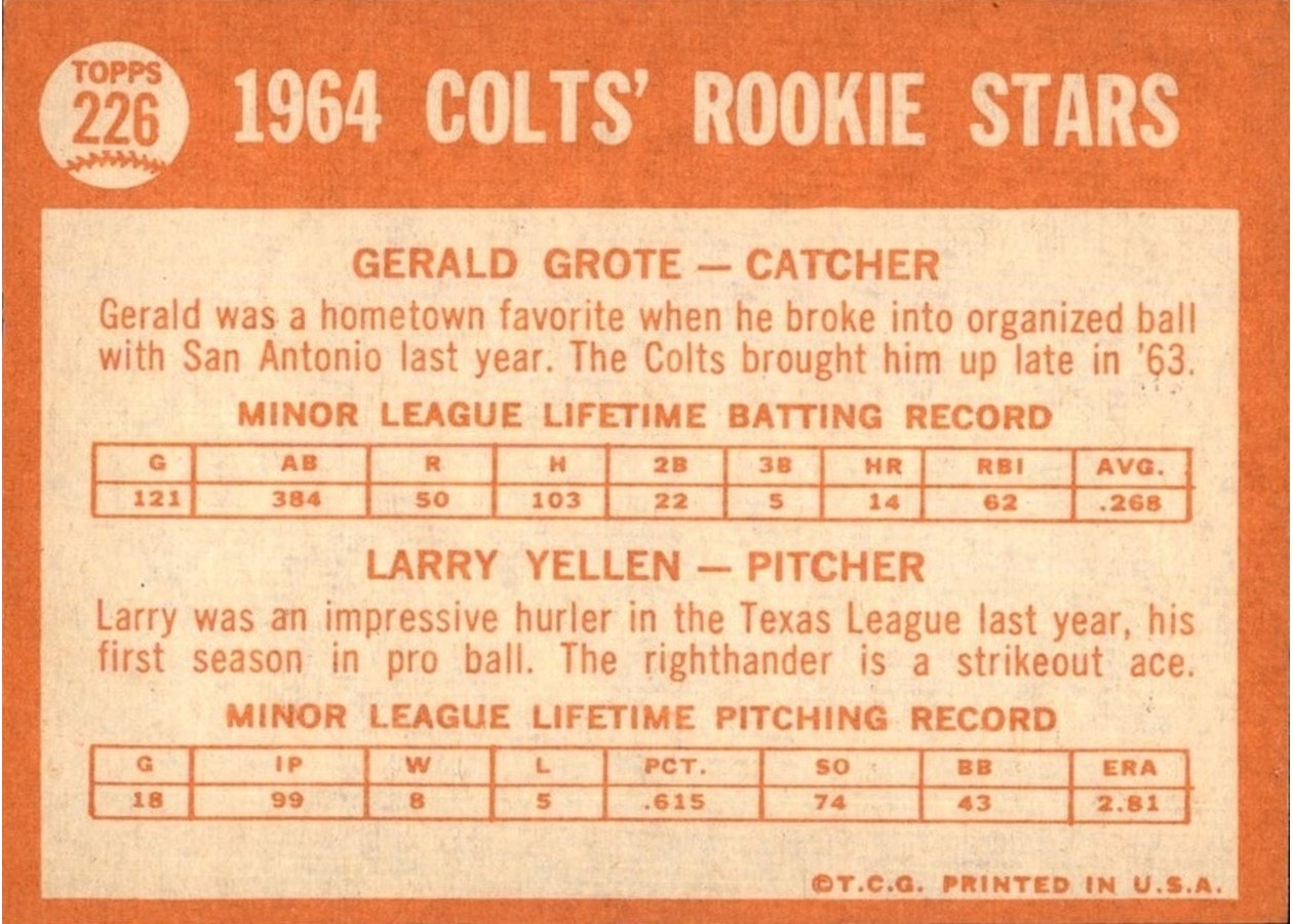 1964 Topps #226 Colts 1964 Rookie Stars card back
