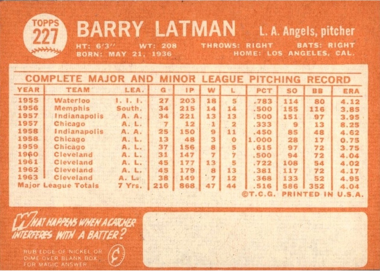 1964 Topps #227 Barry Latman card back