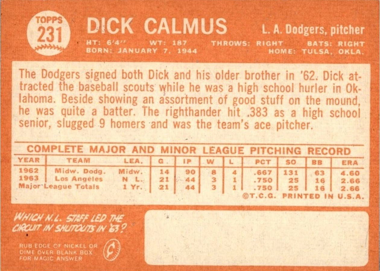 1964 Topps #231 Dick Calmus card back