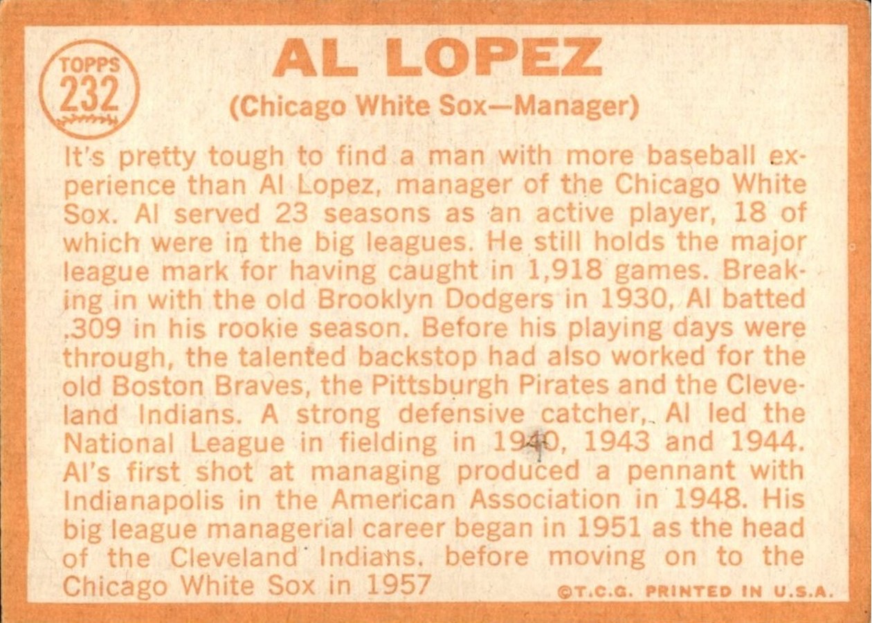 1964 Topps #232 Al Lopez card back