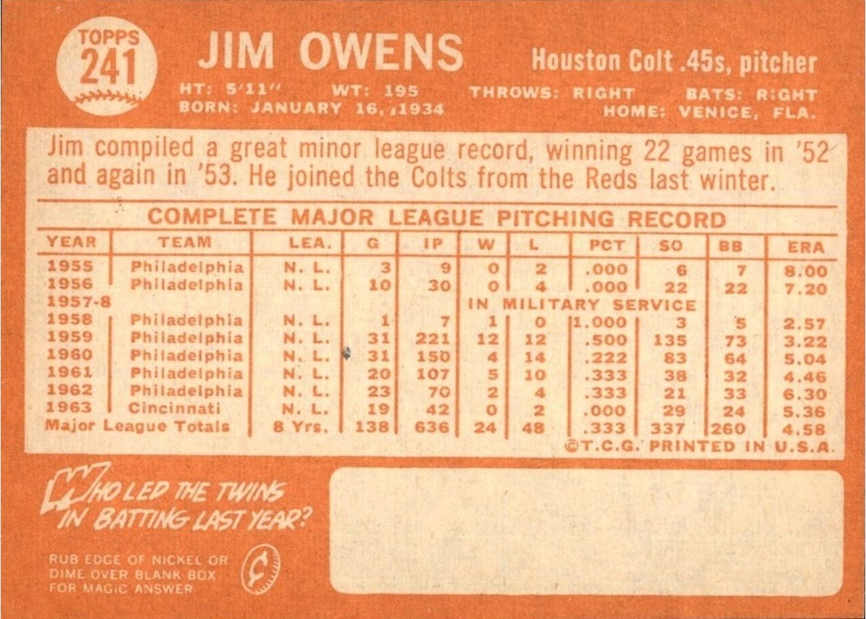 1964 Topps #241 Jim Owens card back