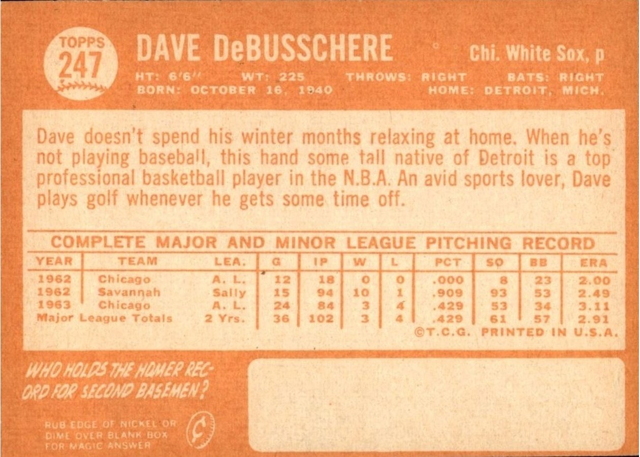 1964 Topps #247 Dave DeBusschere card back