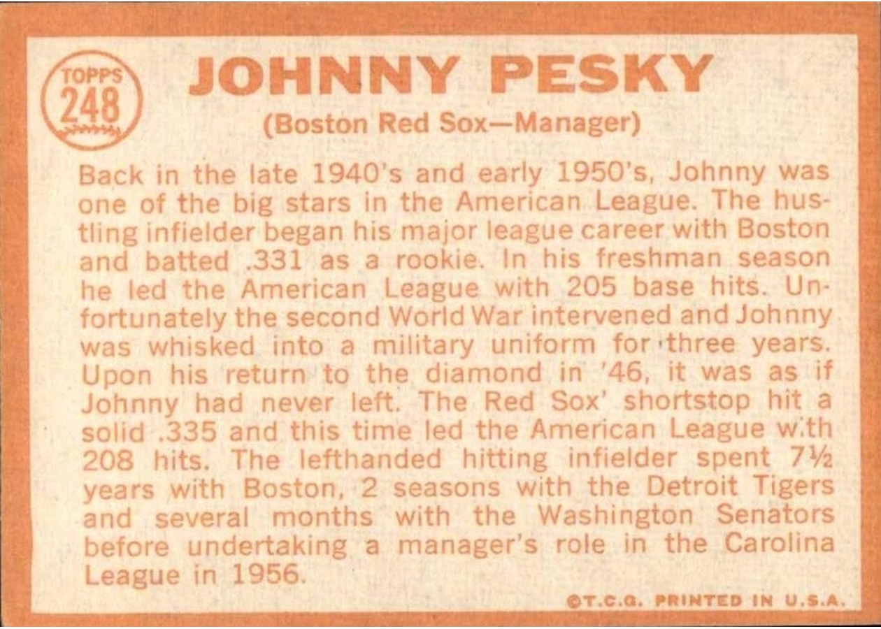 1964 Topps #248 Johnny Pesky card back