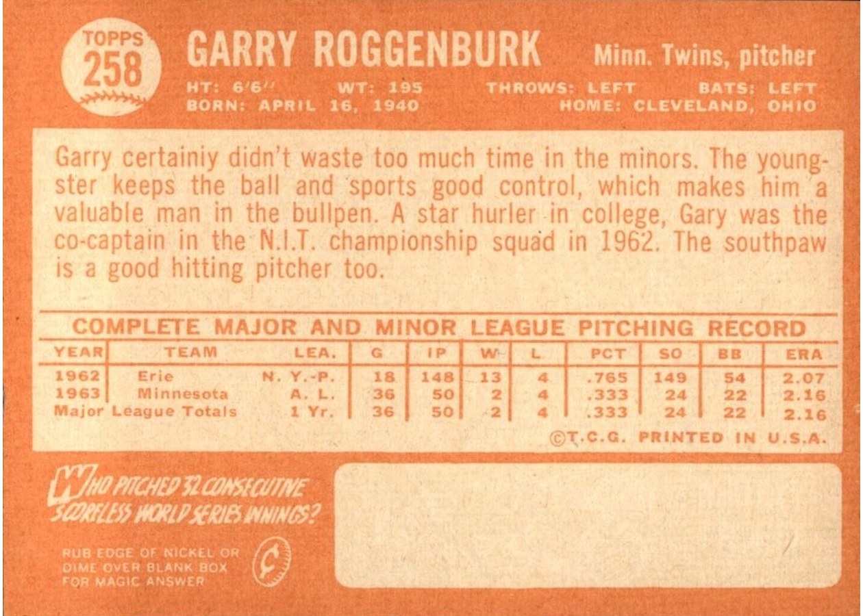 1964 Topps #258 Garry Roggenburk card back