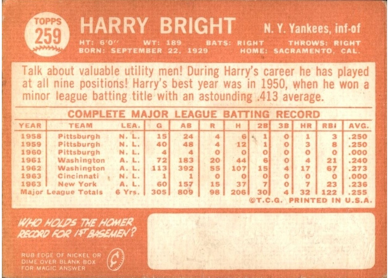1964 Topps #259 Harry Bright card back