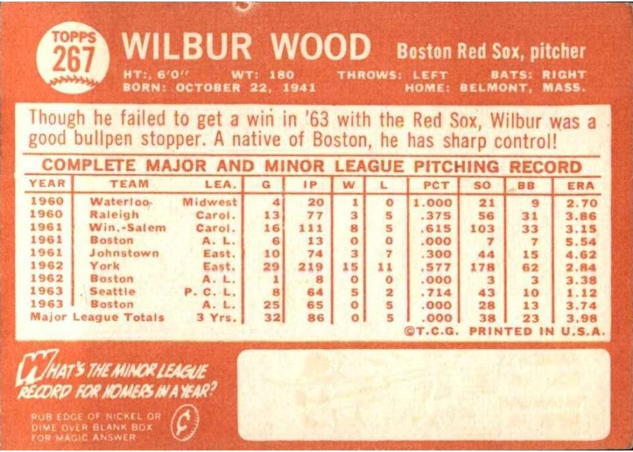 1964 Topps #267 Wilbur Wood card back
