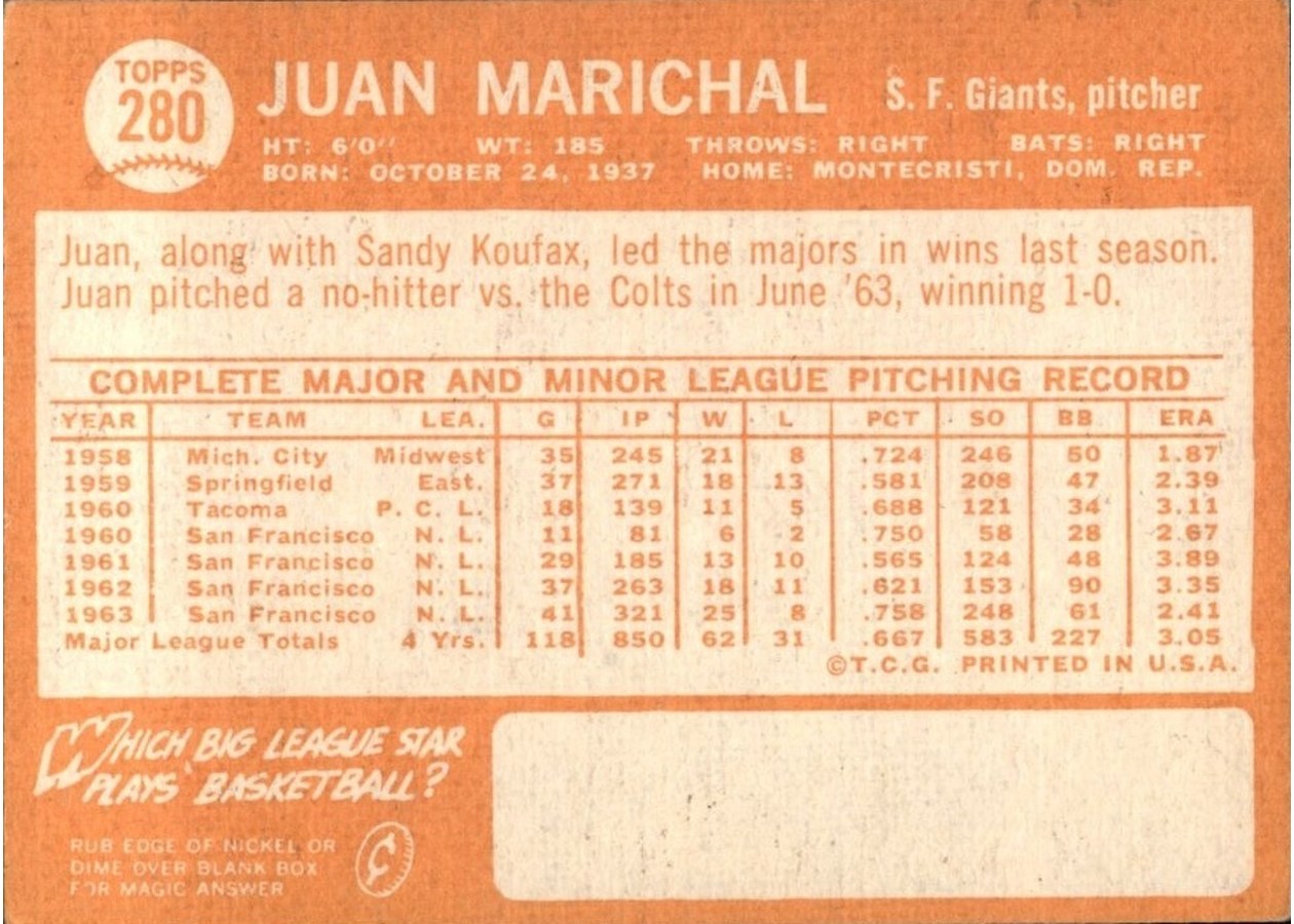 1964 Topps #280 Juan Marichal card back