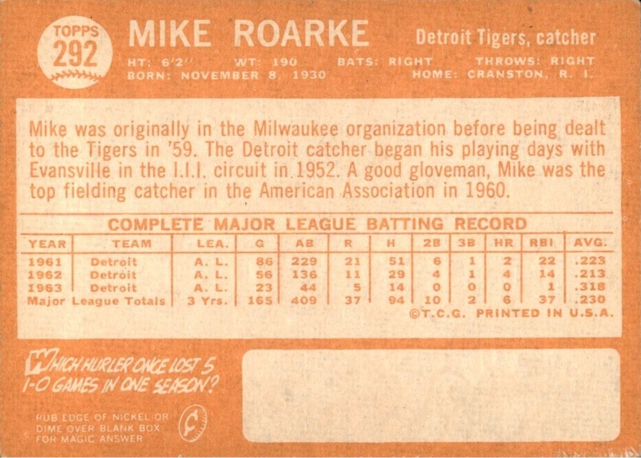 1964 Topps #292 Mike Roarke card back