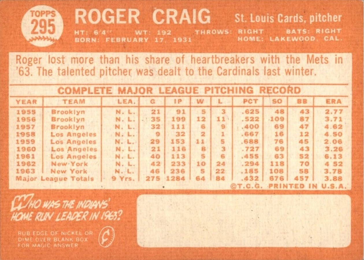1964 Topps #295 Roger Craig card back