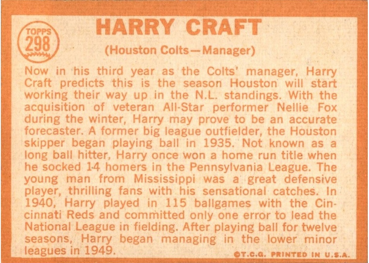 1964 Topps #298 Harry Craft card back