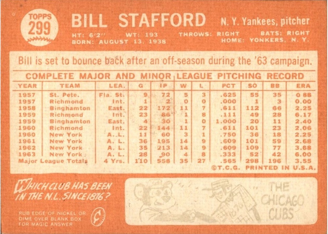 1964 Topps #299 Bill Stafford card back