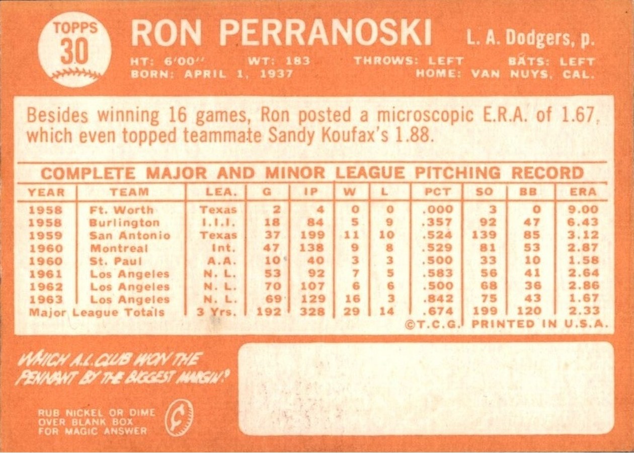 1964 Topps #30 Ron Perranoski card back