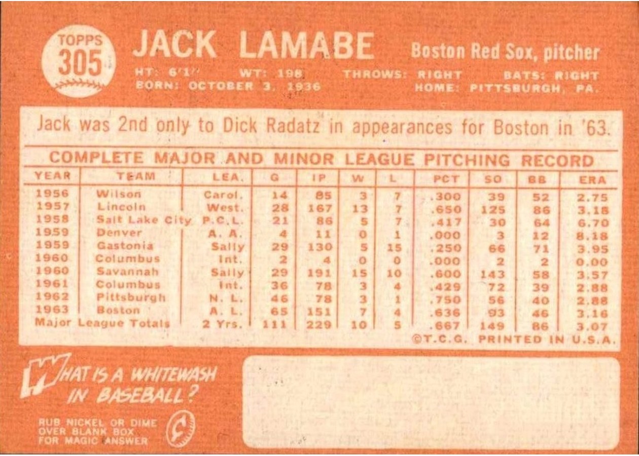 1964 Topps #305 Jack Lamabe card back