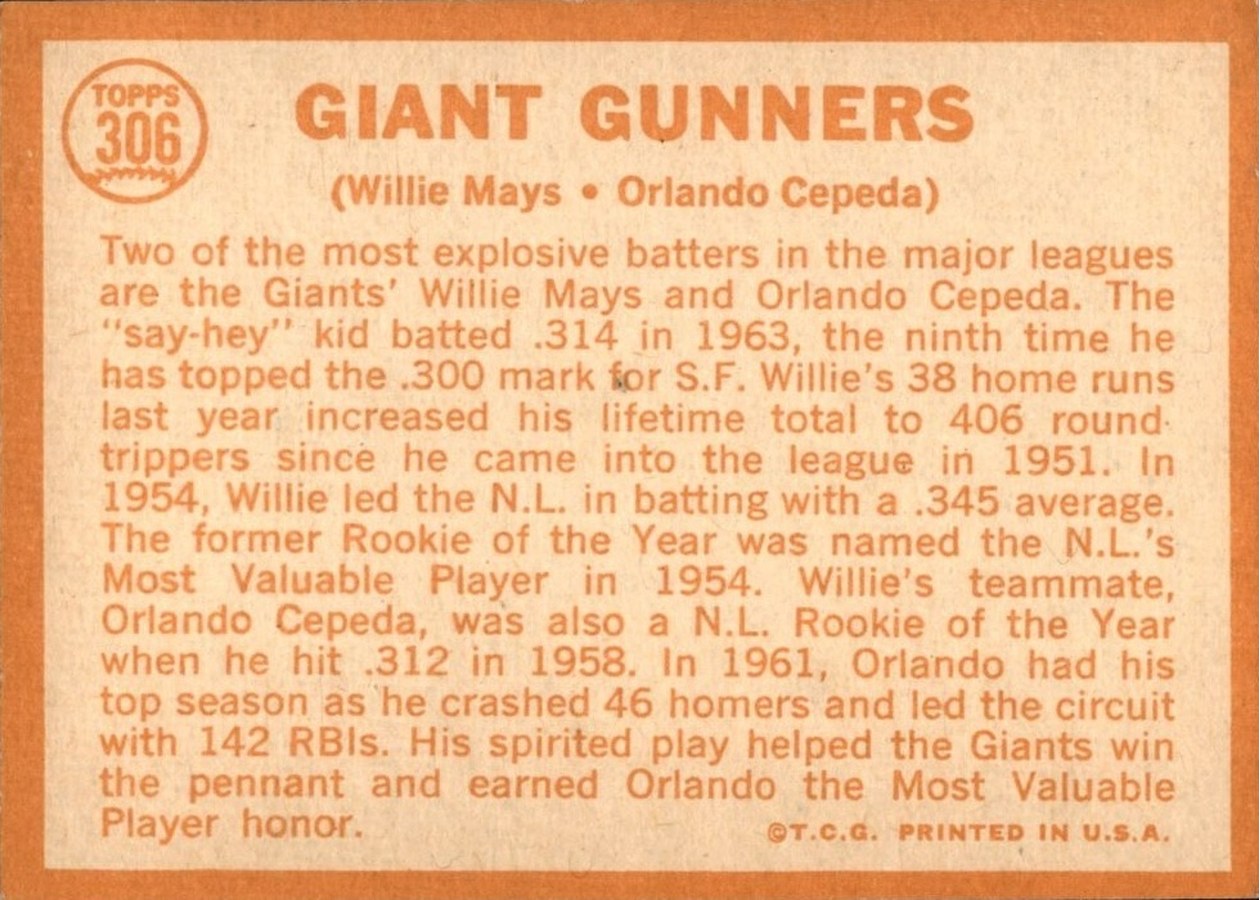 1964 Topps #306 Giant Gunners card back