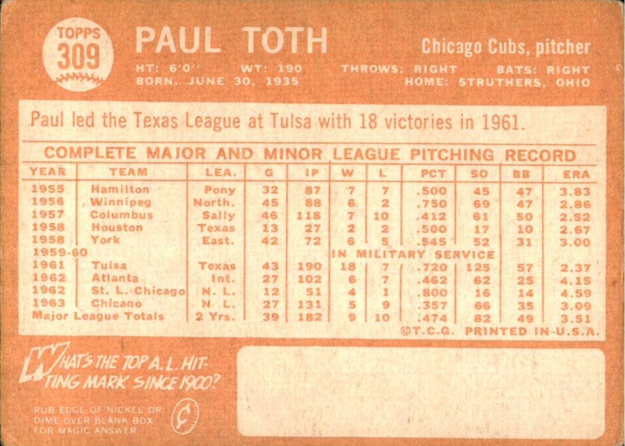 1964 Topps #309 Paul Toth card back