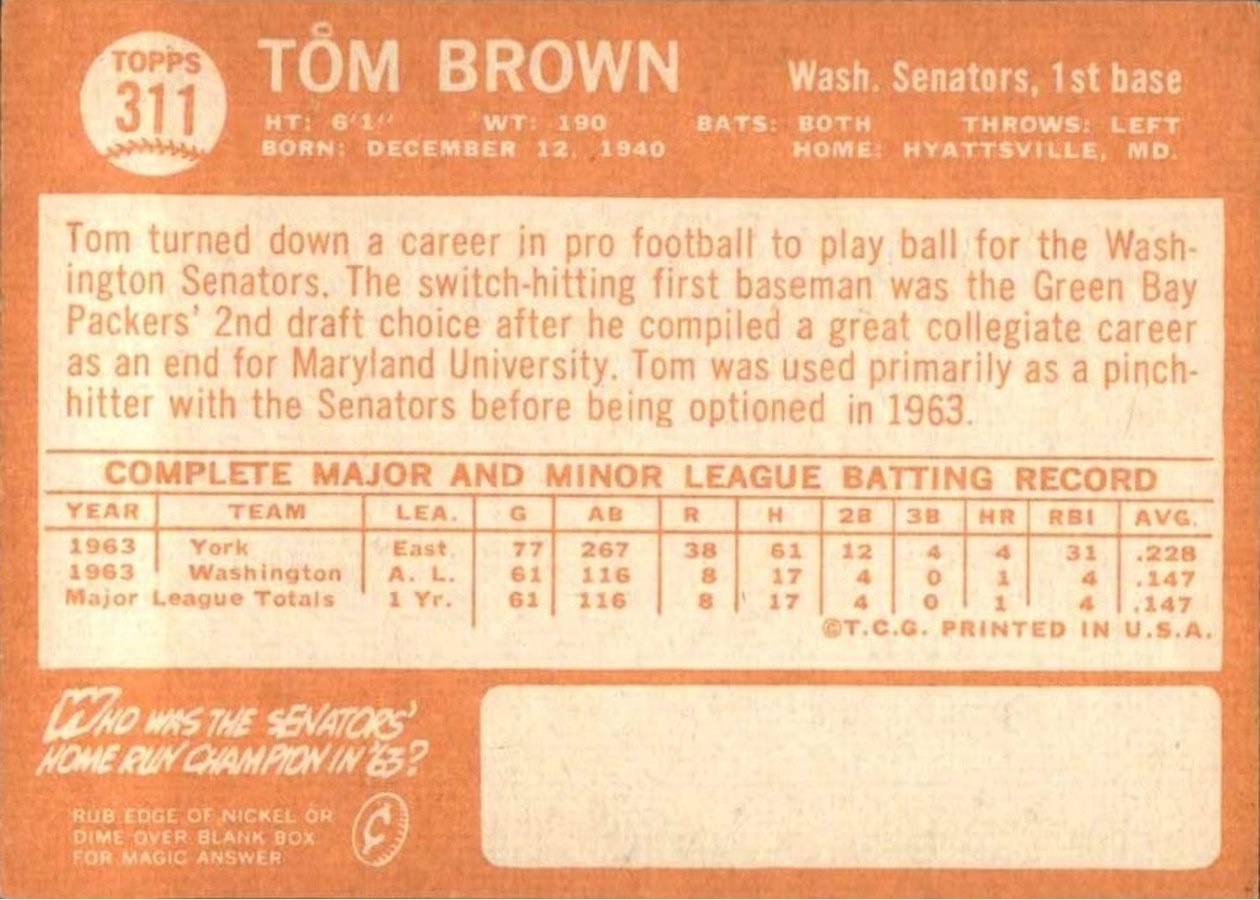 1964 Topps #311 Tom Brown card back