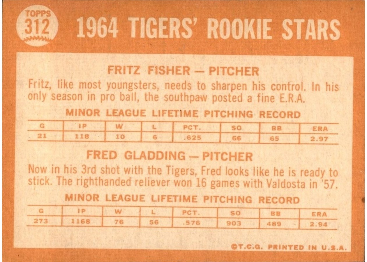 1964 Topps #312 Tigers 1964 Rookie Stars card back