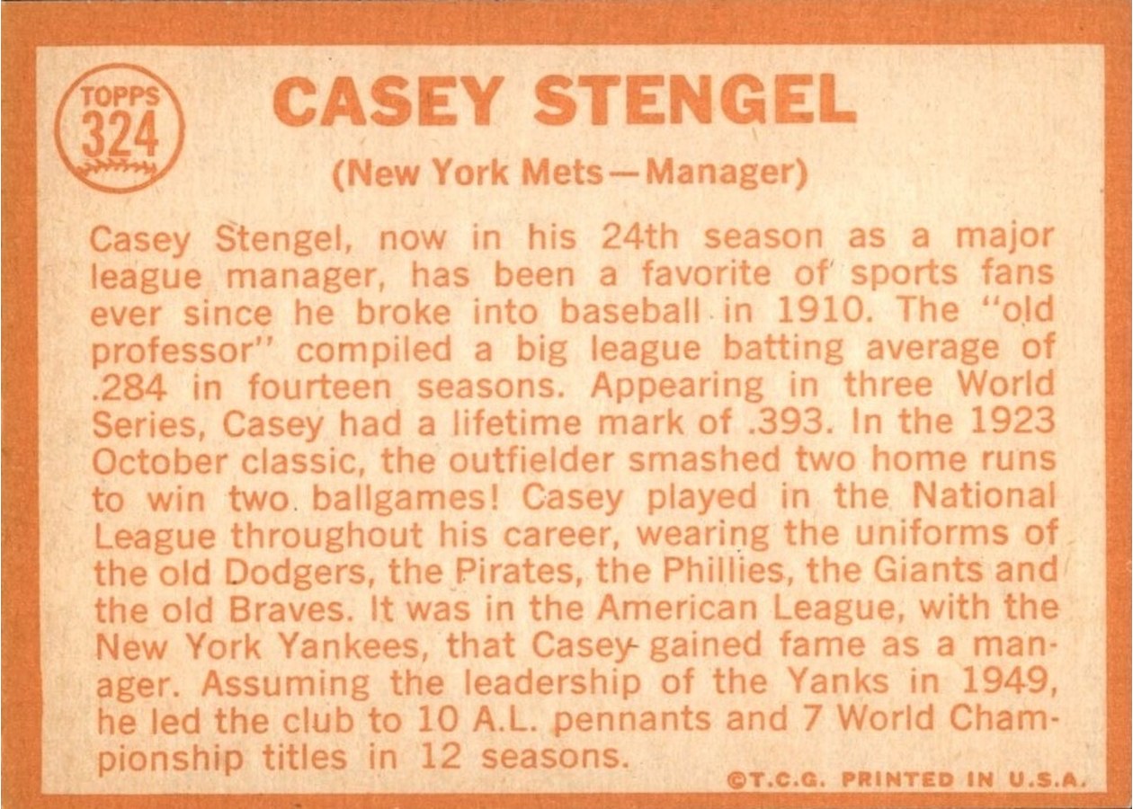 1964 Topps #324 Casey Stengel card back