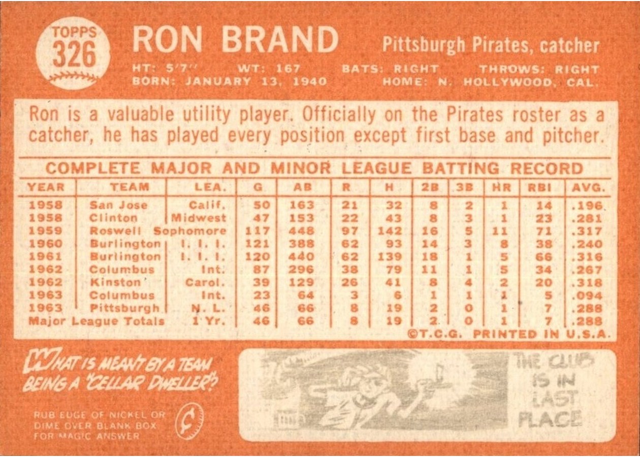 1964 Topps #326 Ron Brand card back