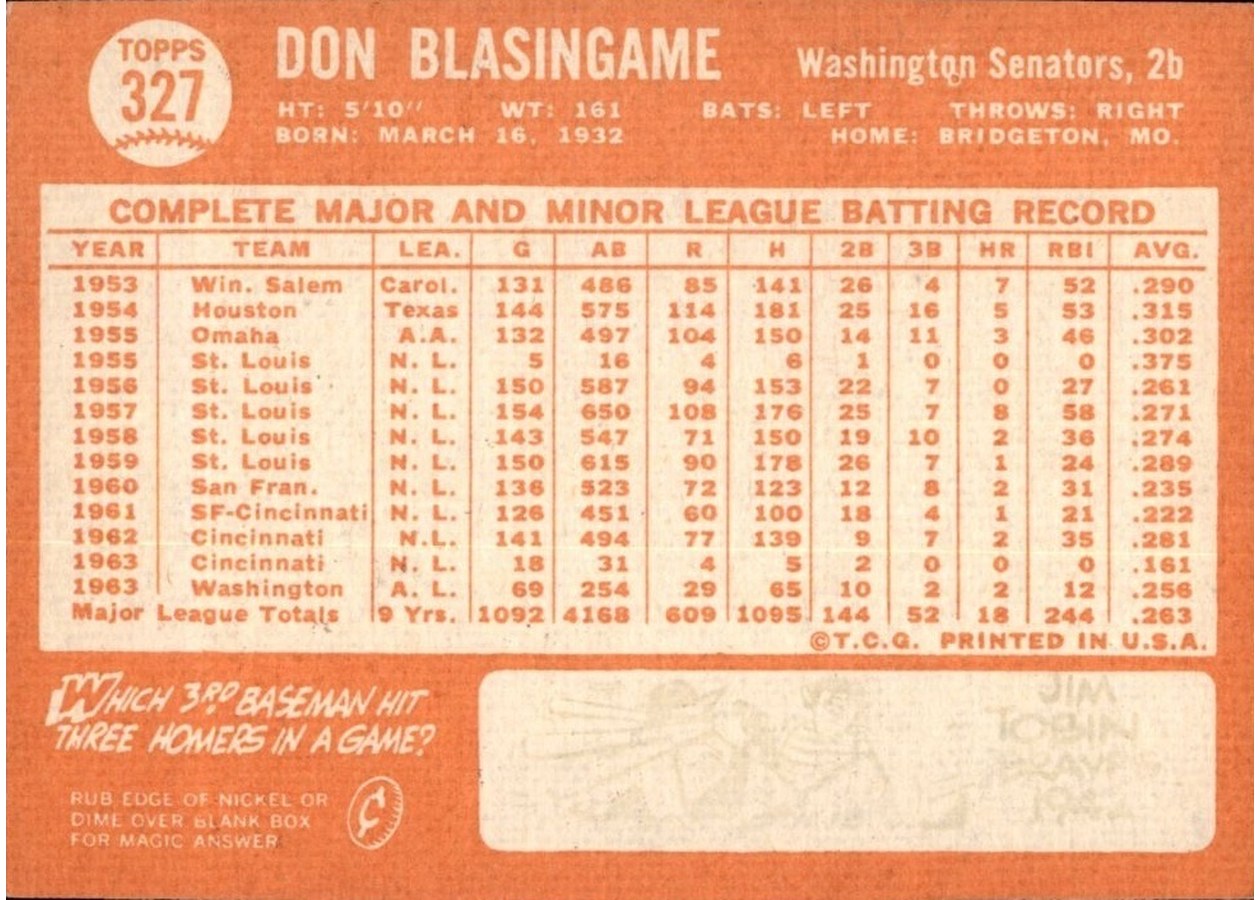 1964 Topps #327 Don Blasingame card back