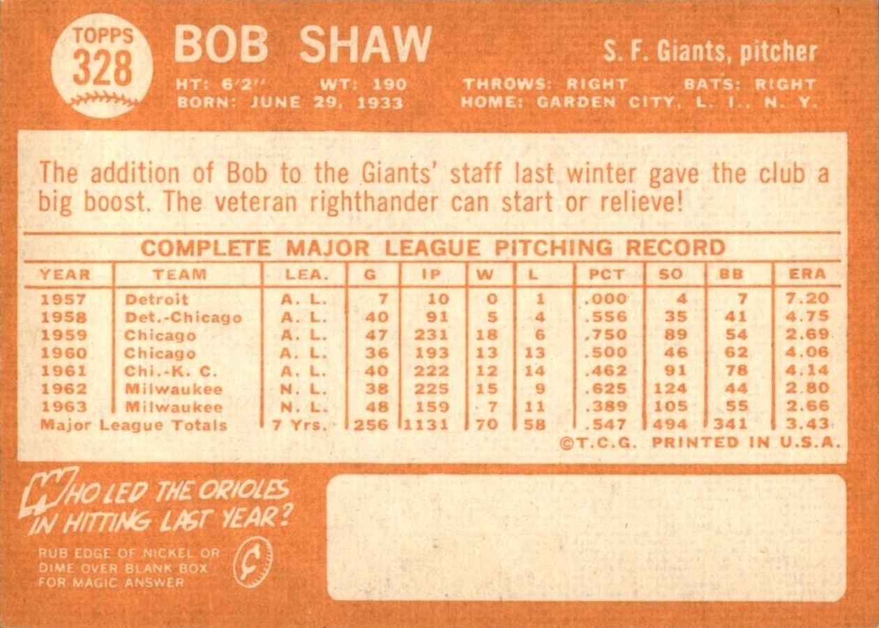 1964 Topps #328 Bob Shaw card back