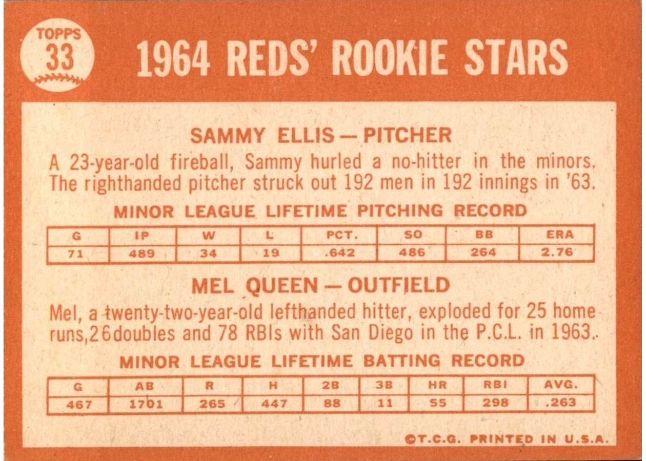 1964 Topps #33 Reds 1964 Rookie Stars card back