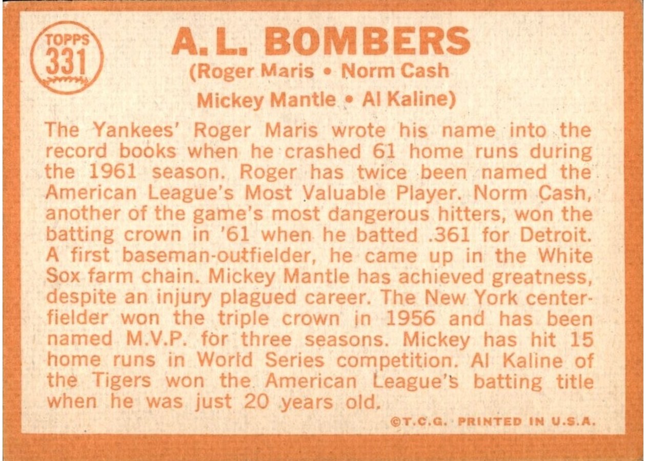 1964 Topps #331 A.L. Bombers card back
