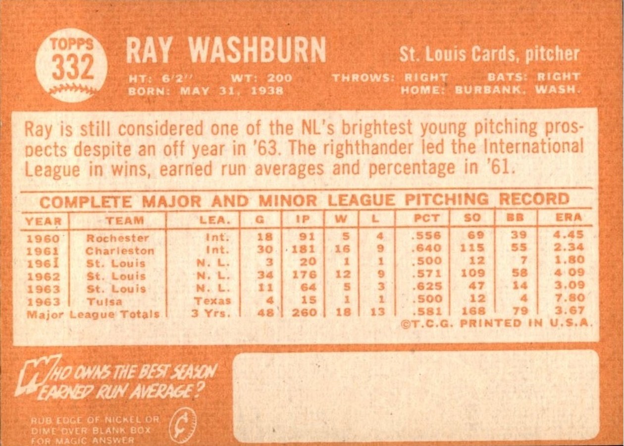 1964 Topps #332 Ray Washburn card back