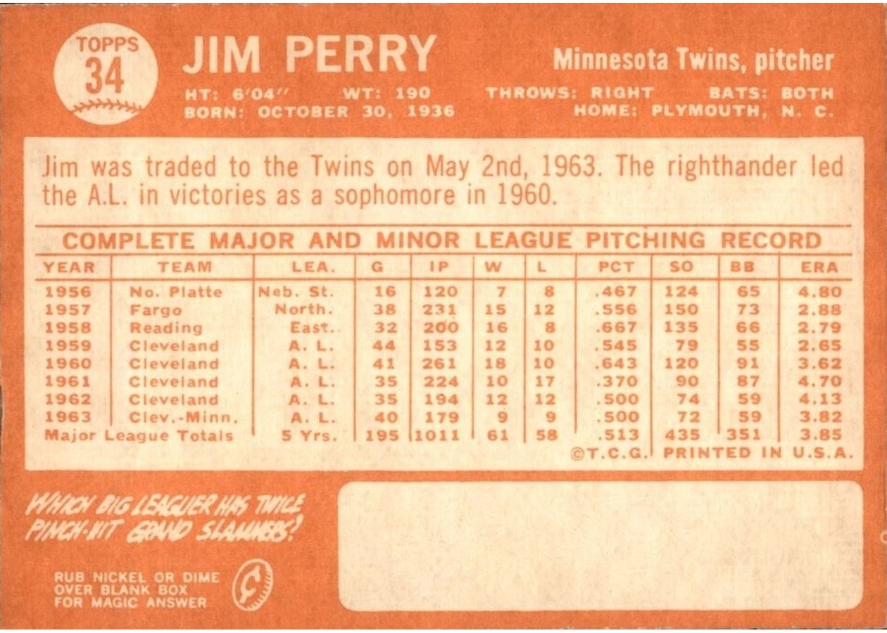 1964 Topps #34 Jim Perry card back