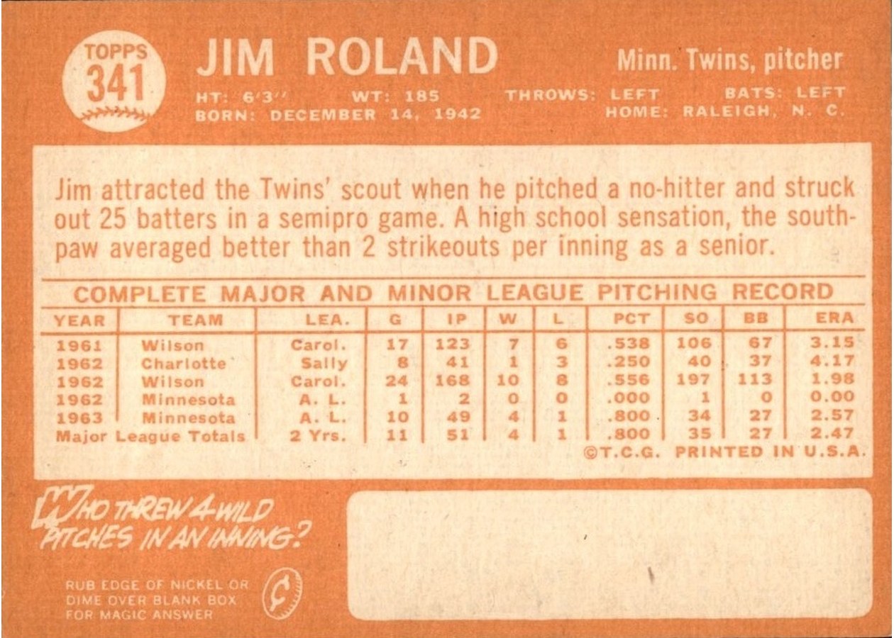 1964 Topps #341 Jim Roland card back