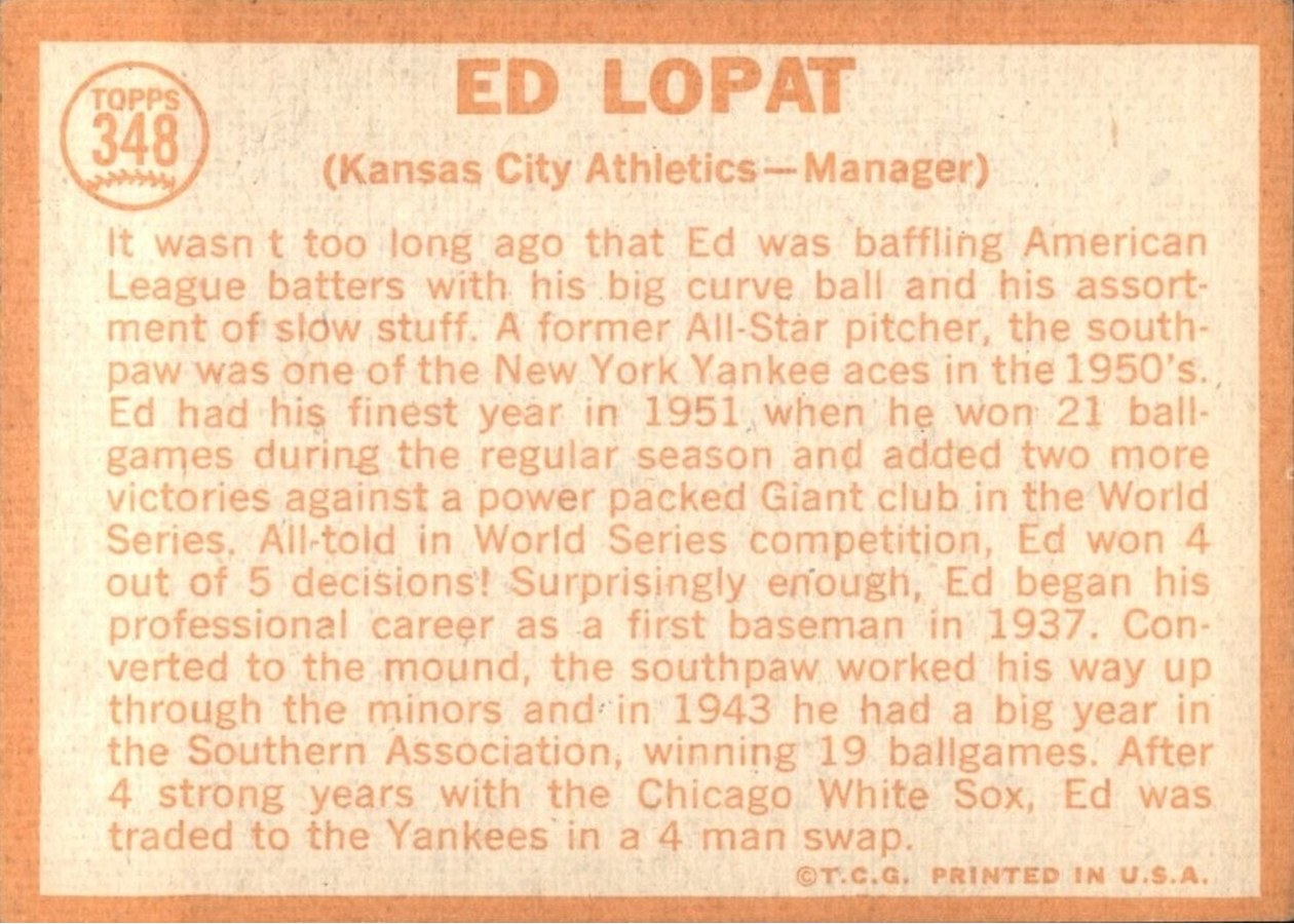 1964 Topps #348 Ed Lopat card back