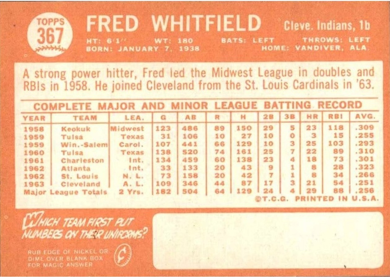 1964 Topps #367 Fred Whitfield card back