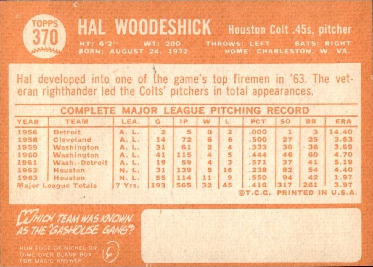 1964 Topps #370 Hal Woodeshick card back