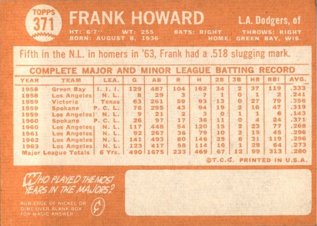 1964 Topps #371 Frank Howard card back