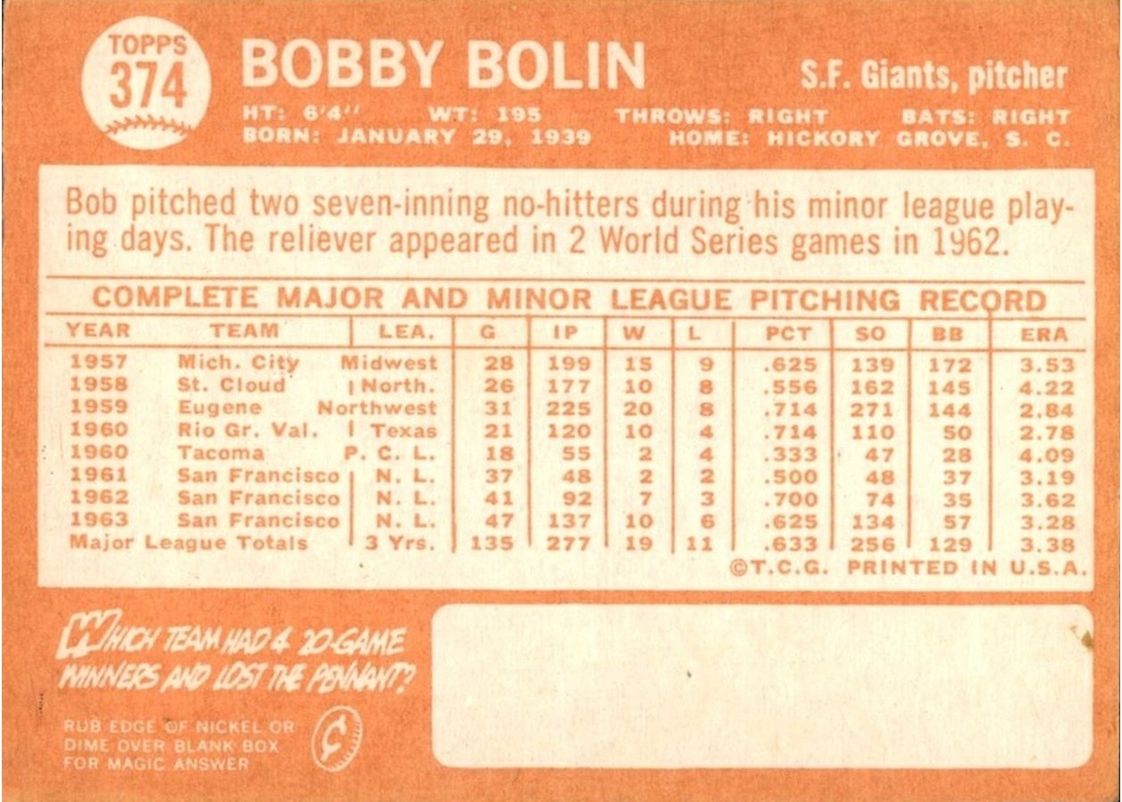1964 Topps #374 Bobby Bolin card back