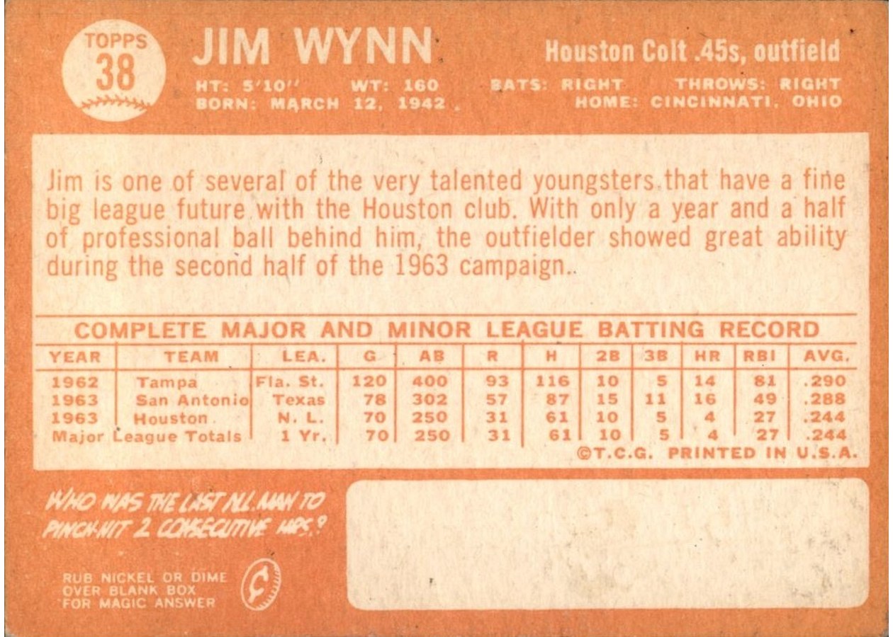 1964 Topps #38 Jim Wynn card back