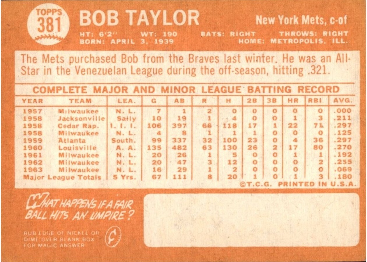 1964 Topps #381 Bob Taylor card back