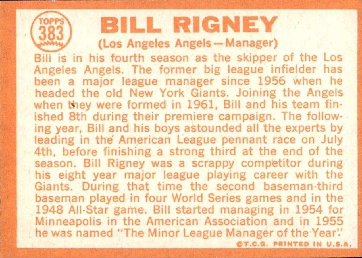 1964 Topps #383 Bill Rigney card back