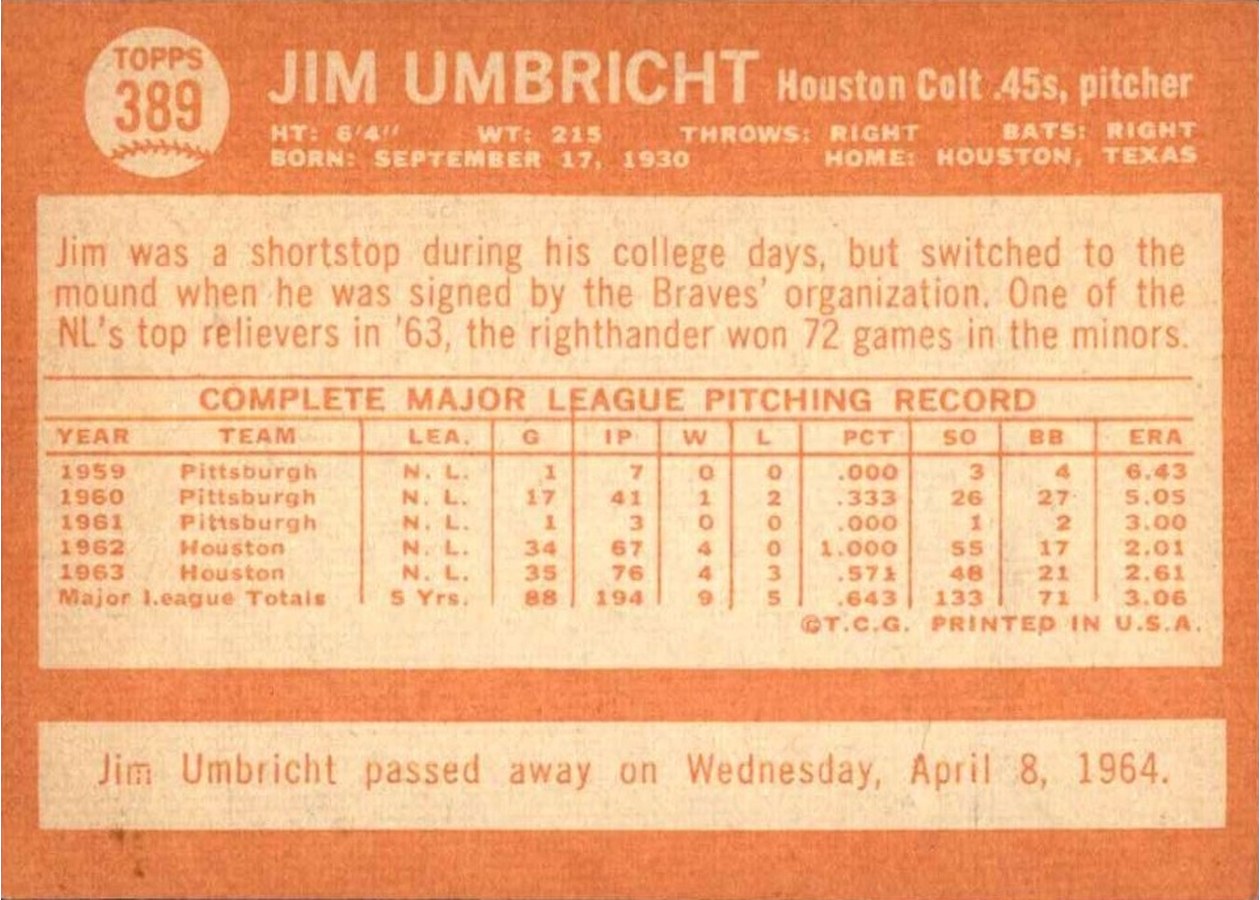 1964 Topps #389 Jim Umbricht card back