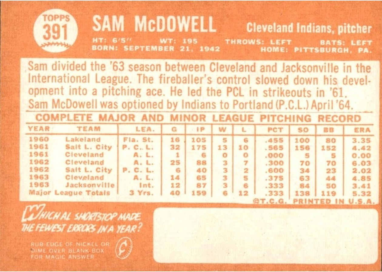 1964 Topps #391 Sam McDowell card back