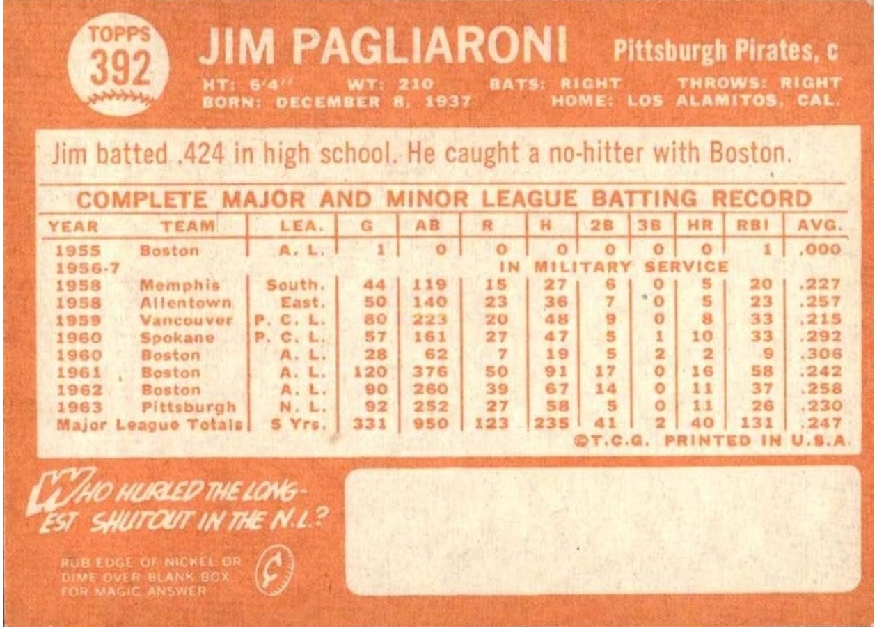 1964 Topps #392 Jim Pagliaroni card back