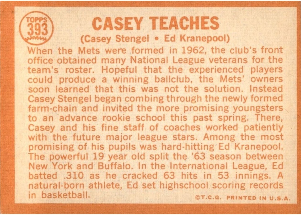1964 Topps #393 Casey Teaches card back