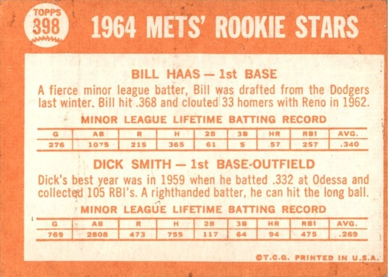 1964 Topps #398 Mets 1964 Rookie Stars card back