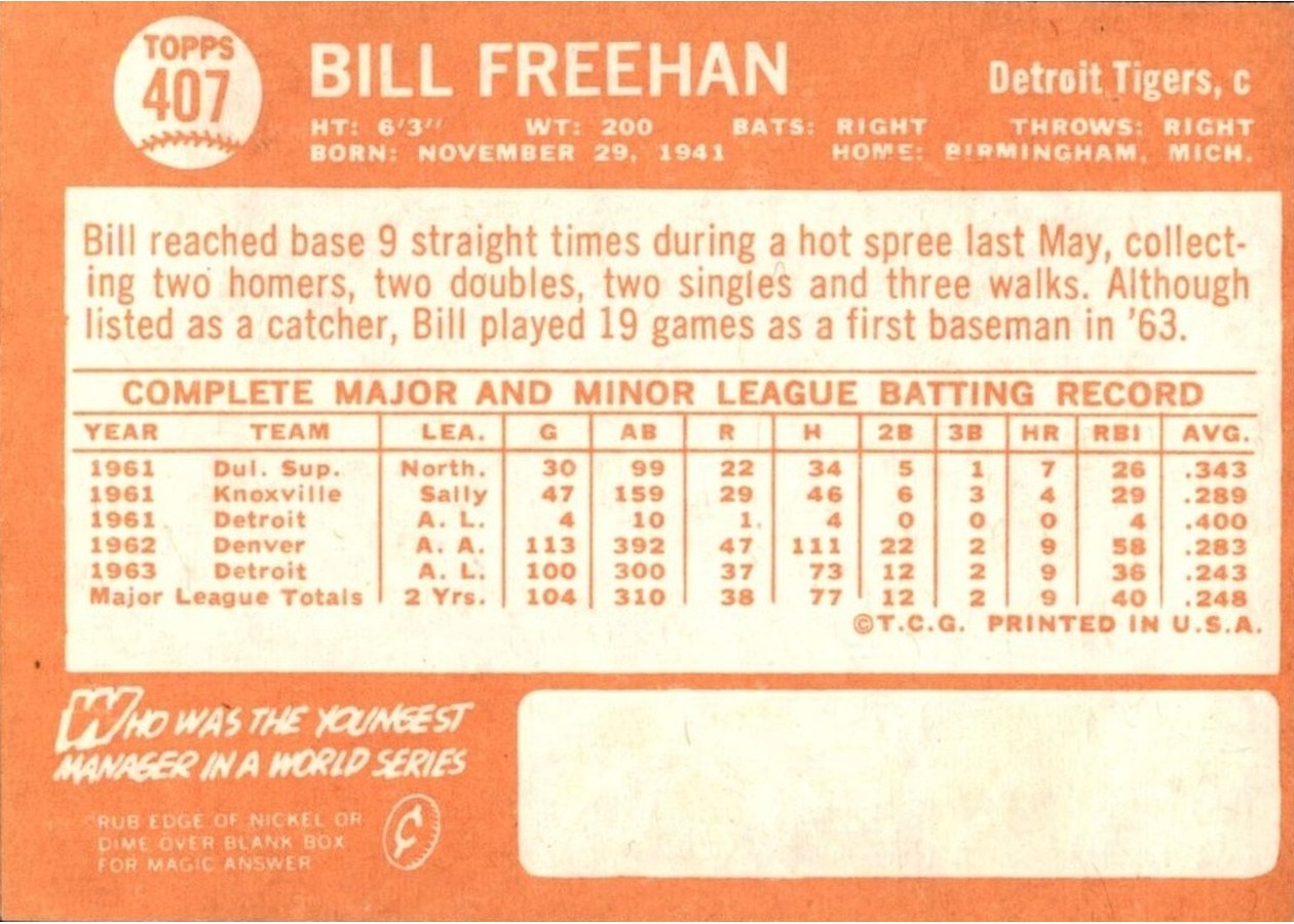 1964 Topps #407 Bill Freehan card back