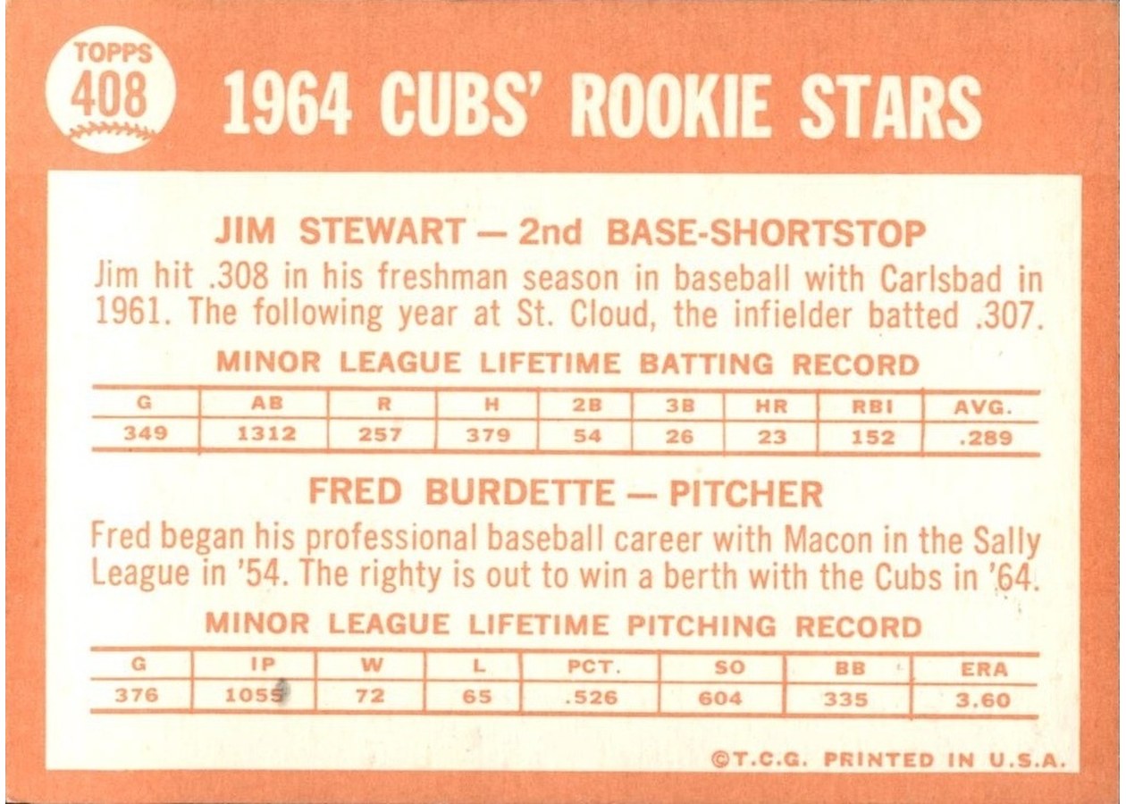 1964 Topps #408 Cubs 1964 Rookie Stars card back