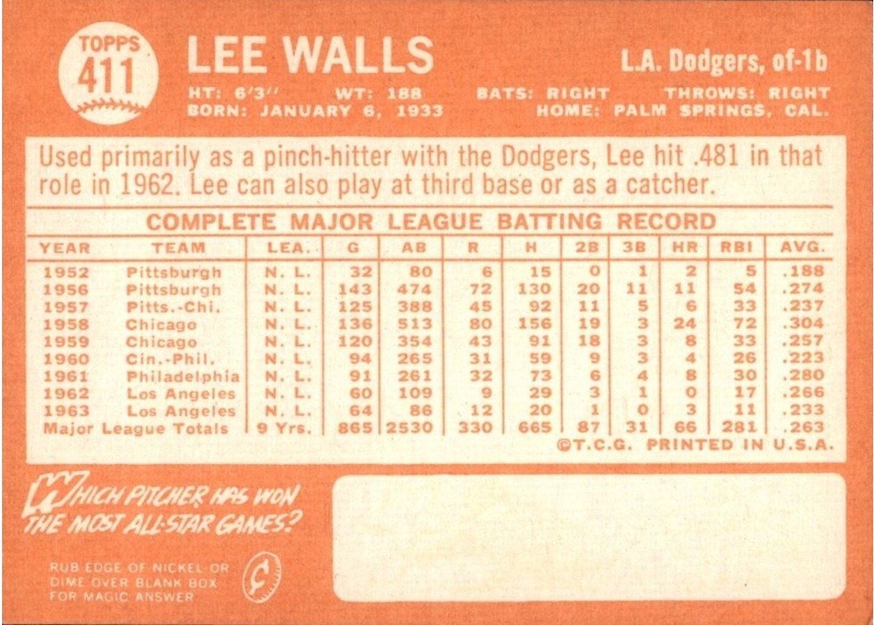 1964 Topps #411 Lee Walls card back