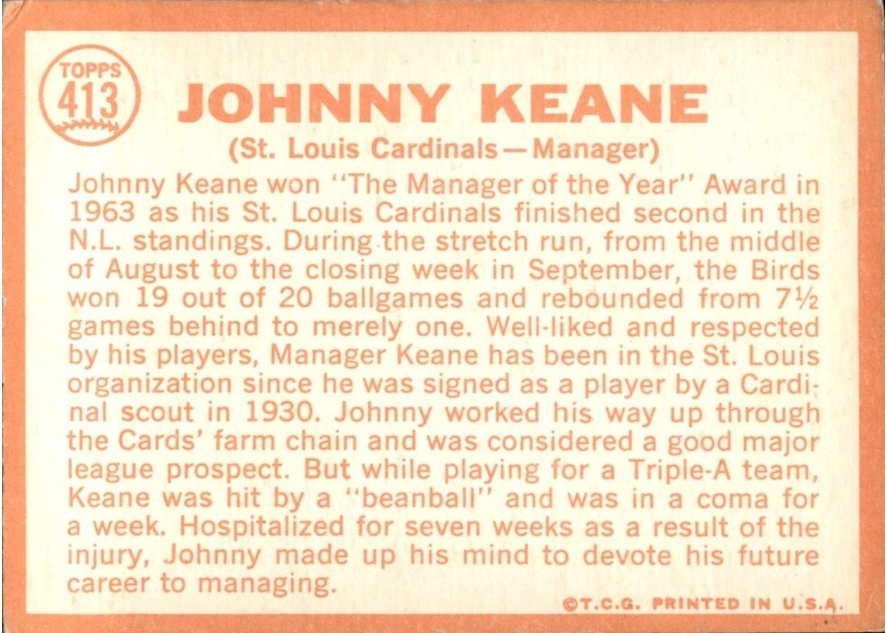 1964 Topps #413 Johnny Keane card back