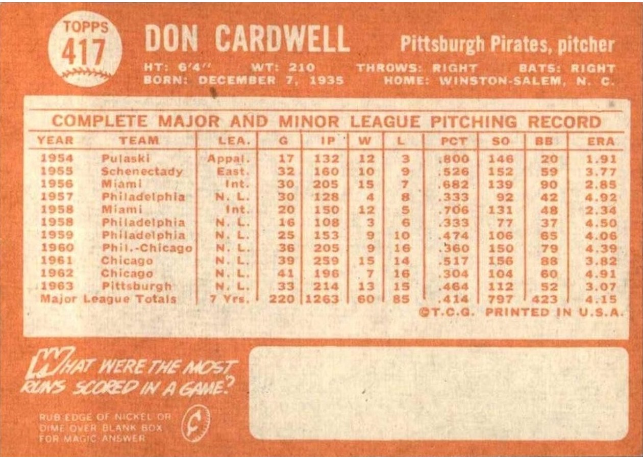 1964 Topps #417 Don Cardwell card back